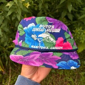 Vintage FISHING COLORFUL trucker hat BUDD’s Gunisao lake lodge manitoba rope